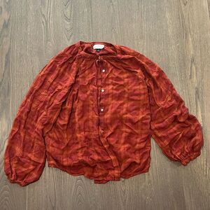 Universal Thread Red Orange Plaid Prarie Blouse Button Down Size M